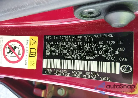 2019 Lexus Es 350 from USA, damaged, VIN 58ABZ1B19KU010987